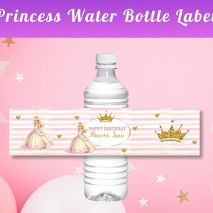 Editable Princess Bottle Water Label Template Princess Birthday Party Décor Princess Water Bottle Label Pink Gold Princess Party Decoration