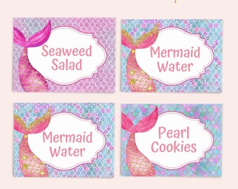 Mermaid Food Label Mermaid Food Tags Editable Mermaid Party Food Labels Card Custom Mermaid Place Tents Cute Mermaid Place Cards Food Tents