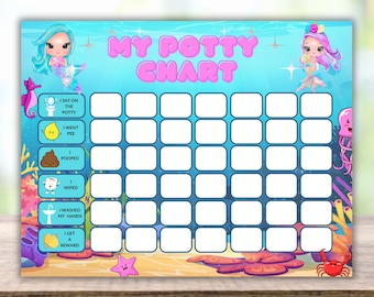 Tabla de entrenamiento para ir al baño con forma de sirena para niñas Tabla de entrenamiento para ir al baño para niñas Tabla de recompensas imprimible para niños Tabla de entrenamiento para ir al baño