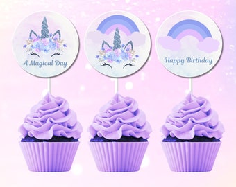Unicornio Cupcake Toppers Imprimible Unicornio Etiqueta Etiqueta Unicornio Fiesta Decoración Arco Iris Cumpleaños Unicornio Cumpleaños Temático Conjunto de 3