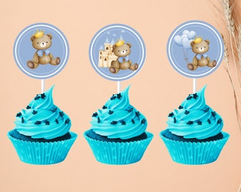 Teddybeer cupcake toppers Afdrukbare baby shower verjaardag cupcake toppers jongen cupcake toppers jongens baby shower topper It's A Boy topper