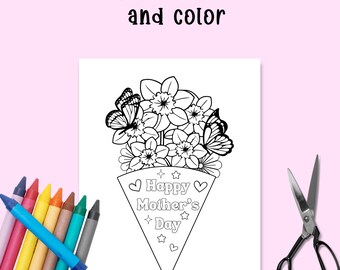 Mothers Day Printable Cut and Color Flowers Bouquet, Coloring Card Gift for Mother's Day, K-3 Teacher Class Activity Gift for Mom