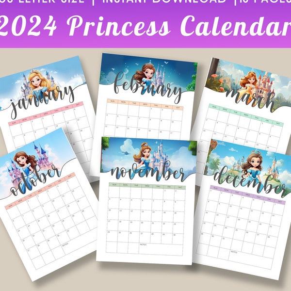 Printable 2024 Princess Calendar Kids Monthly Planner Unique Princess Lover Clipart Year Schedule Girls Bedroom Calendar School Horizontal