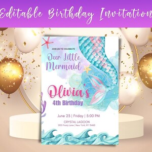 Editable Mermaid Invitation Mermaid birthday Invite Under the Sea Birthday Party Girl Birthday Party Mermaid Birthday Template Download