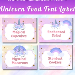 Bewerkbare kaartsjabloon eenhoorn voedseletiket Kaartsjabloon buffet Eenhoorn verjaardagsdecoratie Eenhoorn voedsellabels Label voedseltent kaartsjabloon