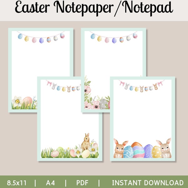 Easter Notepaper Notepad Printable Stationery Easter Bunny Writing Paper Easter Paper Unlined Notepaper Set of 4 Whimsical Rabbits Eggs