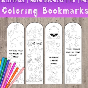 Sea Animals Coloring Pages Coloring Bookmarks Printable Coloring Bookmarks for Kids Student Bookmarks Birthday Favor Bookmark for Kids
