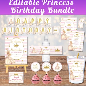 Editable Princess Birthday Bundle Princess Birthday Party Decorations Pink and Gold Princess Party Set Princess Birthday Party Package