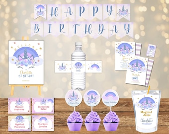 May include: Unicorn-themed first birthday party decorations, including a welcome sign, banner, cupcake toppers, water bottle labels, juice box labels, and food labels. The decorations feature a purple and gold color scheme with a unicorn illustration.