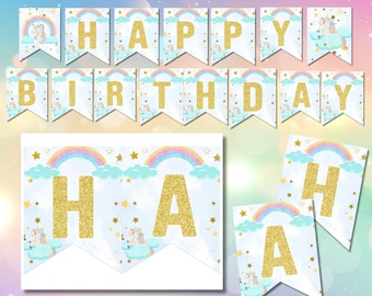 ユニコーン ハッピーバースデー バナー 印刷可能 ユニコーン パーティー デコレーション 女の子の 1 歳の誕生日のためのユニコーン パーティー ユニコーン バースデー用品 ダウンロード