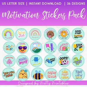 Op de afbeelding: Een set van 36 kleurrijke, ronde motiverende stickers met verschillende illustraties en zinnen. De stickers zijn ontworpen voor gebruik in klaslokalen, thuis of op kantoor. Enkele van de zinnen zijn "Good Job", "Keep Going", "You Are Loved", "Amazing", "Cool", "Perfect", "Good Day", "Woo Hoo", "Smashed It", "Keep It Up", "Today is a New Day", "Good Things Are Coming", "You're the Best", "Brilliant", "Whale Done", "Dino-mite Effort", "Oops", "Smart Cookie", "Donut Stop Trying", and "Good Start".