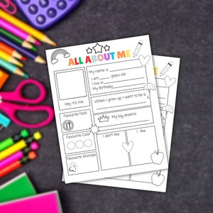 Puede incluir: Una hoja de trabajo imprimible "Todo sobre mí" para niños. La hoja de trabajo tiene secciones para el nombre, la edad, dónde viven, el cumpleaños, la comida favorita, el color favorito, los animales favoritos, lo que quieren ser cuando sean mayores y sus grandes sueños.