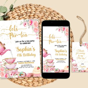 Convite editável para chá de bebê 4º aniversário tema caprichoso xícaras de chá empilhadas rosa lilás dourado bolo de chá charme convite para chá personalizado qualquer idade