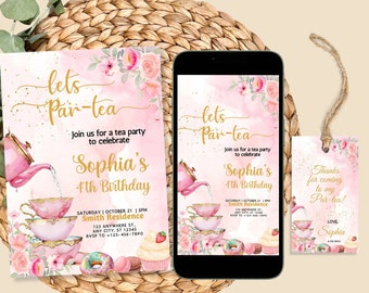 May include: Pink and gold tea party invitation set with a watercolor background. The invitation features a teapot pouring tea into a stack of teacups, donuts, cupcakes, and flowers. The text reads "Let's Par-tea" and "Sophia's 4th Birthday".