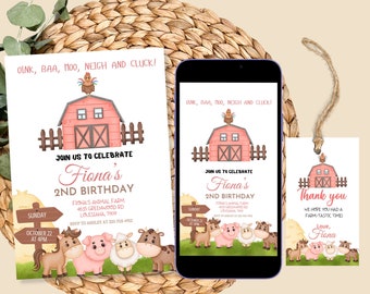 Bearbeitbare Bauernhof-Einladung für Kleinkindermädchen zum Thema Bauernhof-Bauern-Einladung, Alter 2 oder jedes Alters, niedliche Tierbabys, Dankeschön-Tags, Telefoneinladung