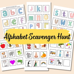 Búsqueda del tesoro del alfabeto PreK Kindergarten Diversión en interiores Escondite Reconocimiento de letras Coincidir Imagen Letras mayúsculas y minúsculas Imprimible