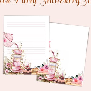 Bloco de notas para festa de chá, papel de escrita, copos empilhados rosa, bolos, cupcakes, impressão, xícaras de chá estacionárias, tema, chá, hostess, convites