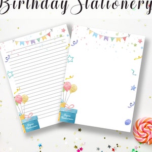 Papelería imprimible con texto en inglés "Joyeux Anniversaire Happy Birthday", papel de cumpleaños para él, juego de papelería para escribir cartas para cumpleaños