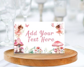 May include: A white card with a pink fairy illustration on a mushroom, surrounded by flowers and butterflies. The text "Add Your Text Here" is in pink.