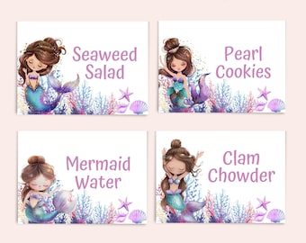 Mermaid Food Label Mermaid Food Tags Editable Mermaid Party Food Labels Card Custom Mermaid Place Tents Cute Mermaid Place Cards Food Tents