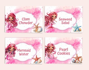 May include: Four pink and white printable food tent labels featuring a mermaid illustration with the text "Clam Chowder", "Seaweed Salad", "Mermaid Water", and "Pearl Cookies".