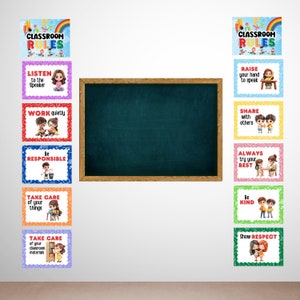 Póster de reglas del aula Expectativas de clase Primaria Kindergarten Guardería Tablón de anuncios Aprendizaje educativo Póster Clase Rainbow Vibes