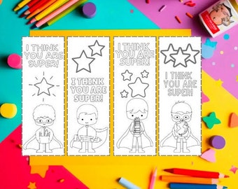 Superhero Party Favors, Superhero Coloring Bookmarks For Kids, Comic Birthday Bookmark Set of 4 to color, Valentines Day Coloring bookmarks