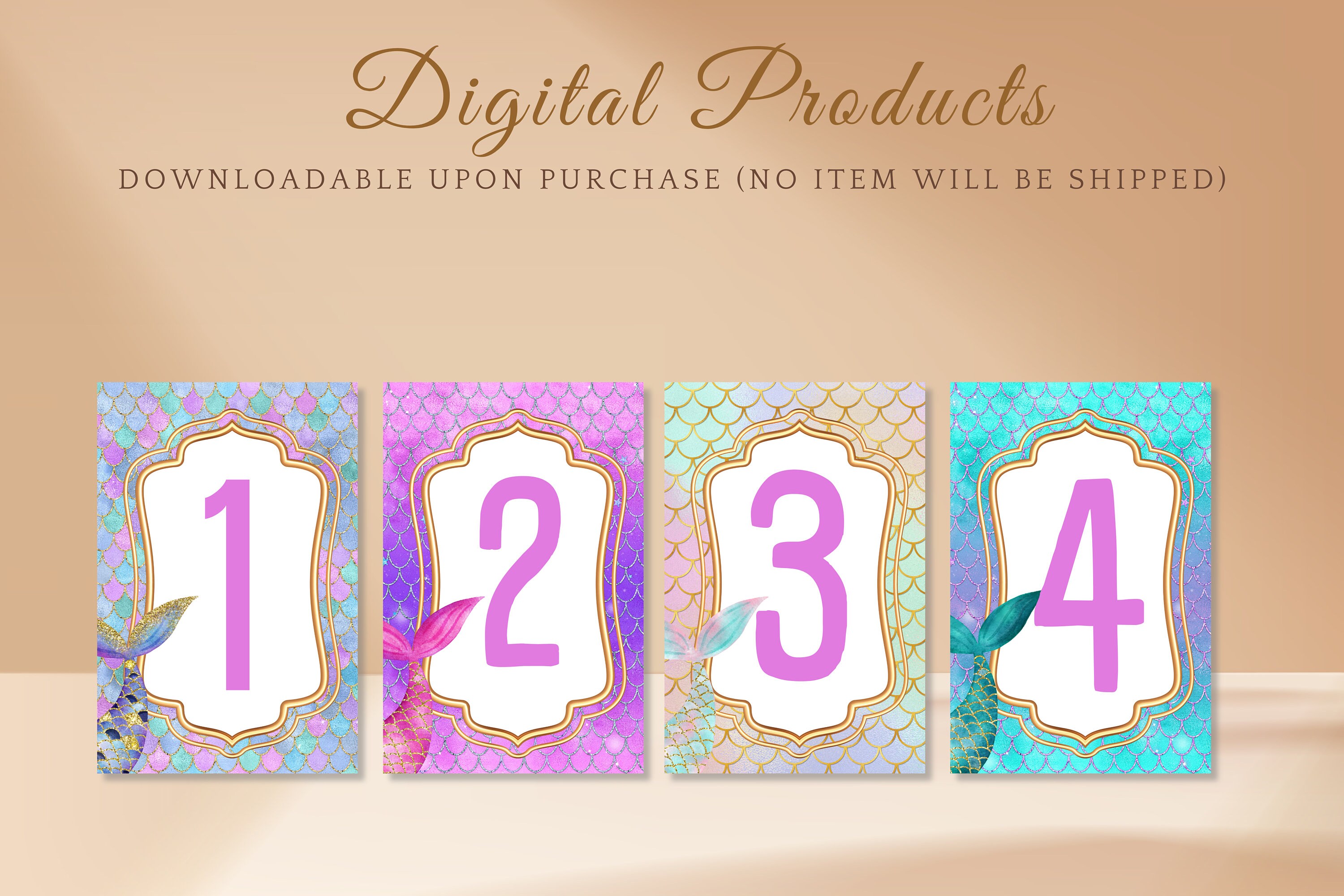 Editable Mermaid Party Table Number Card Set 4 Designs Rainbow Scales ...