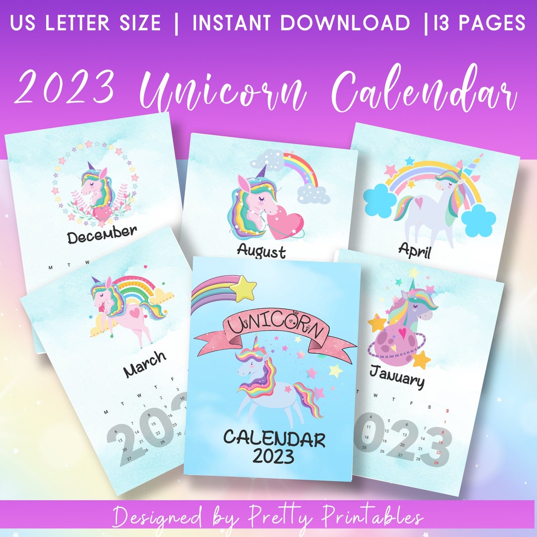 2023 Unicorn Calendar Printable Unicorn Clipart 2023 Etsy