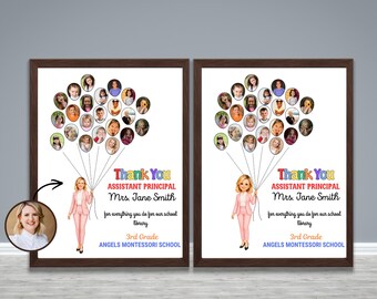 May include: Two framed prints with a brown border. Each print features a cartoon illustration of a woman in a pink suit holding balloon-like images of children's faces. Text reads "Thank You Assistant Principal Mrs. Jane Smith".