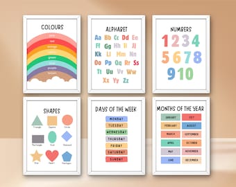 May include: Six colorful educational posters with white frames. The posters feature rainbow colors, shapes, the alphabet, numbers, days of the week, and months of the year.