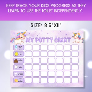 May include: A purple and white potty training chart with a unicorn illustration. The chart has a grid of squares with icons and text for different potty training milestones, such as "I sat on the potty", "I went pee", "I pooped", "I wiped", "I washed my hands", and "I get a reward". The chart is 8.5 inches by 11 inches.