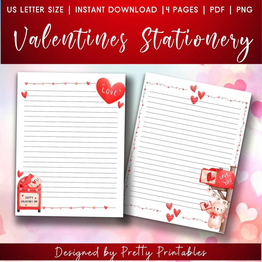 Printable Valentines Stationery Set Heart Stationery Love Etsy