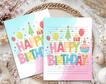 Printable Happy Birthday Stationary, Birthday Stationery Letter Writing Stationery Set Cake Candles Balloons Kids Birthday Notepad Thank You