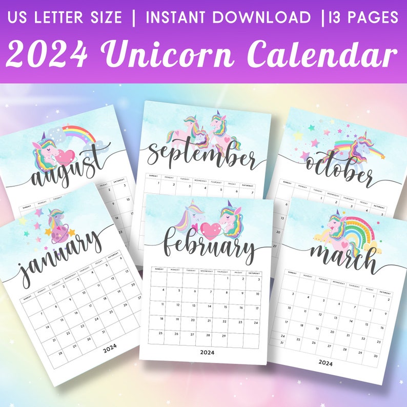 2024 Unicorn Calendar Printable Unicorn Clipart 2024 Calendar PDF 2024