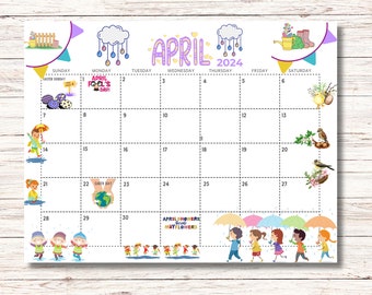 April 2024 Calendar Printable Kids Calendar 2024 Calendar Classroom School April Monthly Planner Kids wall Calendar Template seasonal images