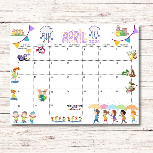 April 2024 Calendar Printable Kids Calendar 2024 Calendar Classroom School April Monthly Planner Kids wall Calendar Template seasonal images