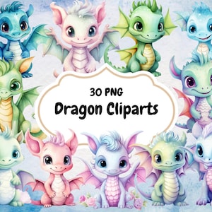 Dragon Clipart PNG Bundle von 30 Jahr des Drachen Clipart Aufkleber Sublimation Aquarell Baby Dragons Fantasy World Kommerzielle Nutzung