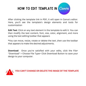 K&ouml;nnte beinhalten: Ein wei&szlig;er Textkasten mit einem roten Ausrufezeichen-Symbol und dem Text "YOU CAN'T CHANGE OR DELETE THE IMAGE OF THE TEMPLATE". Der Textkasten befindet sich auf einem wei&szlig;en Hintergrund mit schwarzem Text, der erkl&auml;rt, wie man eine Vorlage in Canva bearbeitet.