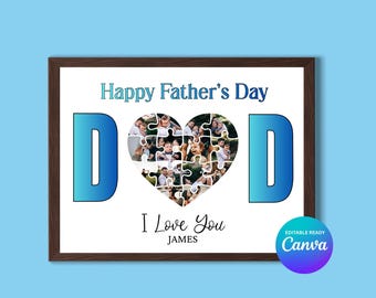 May include: A framed print with a dark brown border. The print features the words "Happy Father's Day" in blue, with the word "DAD" in large blue letters. A heart-shaped puzzle with family photos is in the center, with the words "I Love You" and a name below.