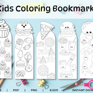 Coloring Bookmarks for Kids Food Coloring Theme Printable Classroom Preschool Activity Bookmarks To Color Kids Crafts School Teacher Library