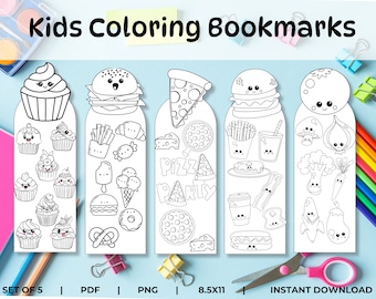Pode incluir: Conjunto de cinco marcadores de página imprimíveis em preto e branco com ilustrações de comida de desenhos animados. Os marcadores de página são projetados para que as crianças os pintem. Os desenhos incluem cupcakes, pizza, hambúrgueres, gelados e vegetais.