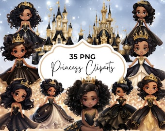 Black Princess PNG Bundle 35 Princess Birthday Fairytale Princess Clipart Chibi Toddler Princess Nursery African American Fantasy Princess