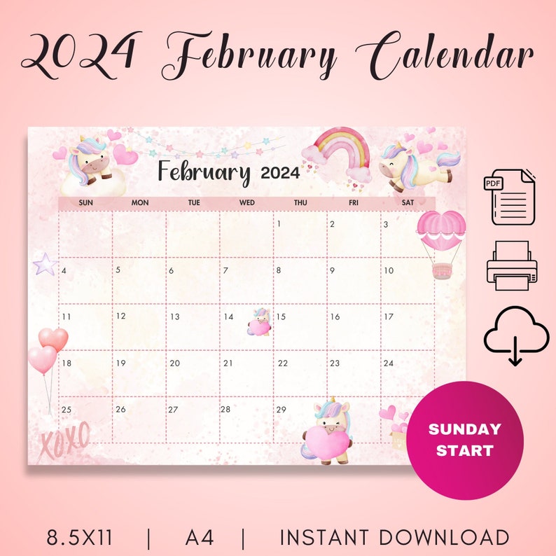 February 2024 Calendar Unicorn Printable Kids Calendar 2024 Wall