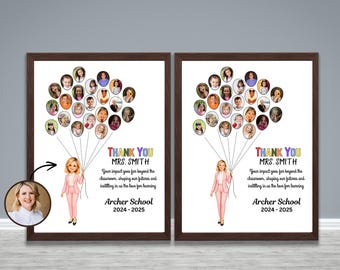 May include: Two framed prints with a white background. Each print features a teacher illustration holding balloon-shaped photos of students. Text reads "THANK YOU MRS. SMITH" and "Archer School 2024-2025". A small photo of a woman is in the corner.