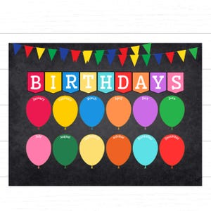 Tablón de anuncios de cumpleaños para imprimir, globos de arcoíris, colores, exhibición de cumpleaños para la clase, gráfico de cumpleaños para el aula, póster de cumpleaños para estudiantes, sencillo