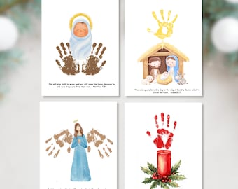 May include: Set of four Christmas cards with watercolor illustrations. Each card features a different design: a baby Jesus, a nativity scene, an angel, and a candle. Each design incorporates handprints and Bible verses.
