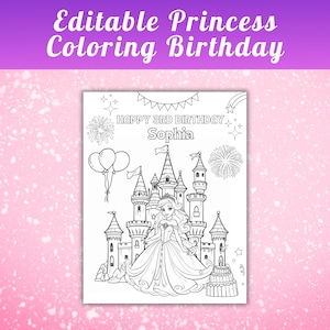 K&ouml;nnte beinhalten: Eine schwarz-wei&szlig;e druckbare Malvorlage mit einer Prinzessin in einem Schloss mit Ballons, Feuerwerk und dem Text "Happy 3rd Birthday Sophia".
