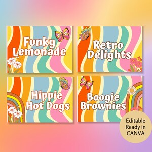 Editable Retro 70s Party Food Label Groovy Blank Food Tent Card Labels Custom Seventies Vibe Party Food Tents Food Tag Match to Party Invite