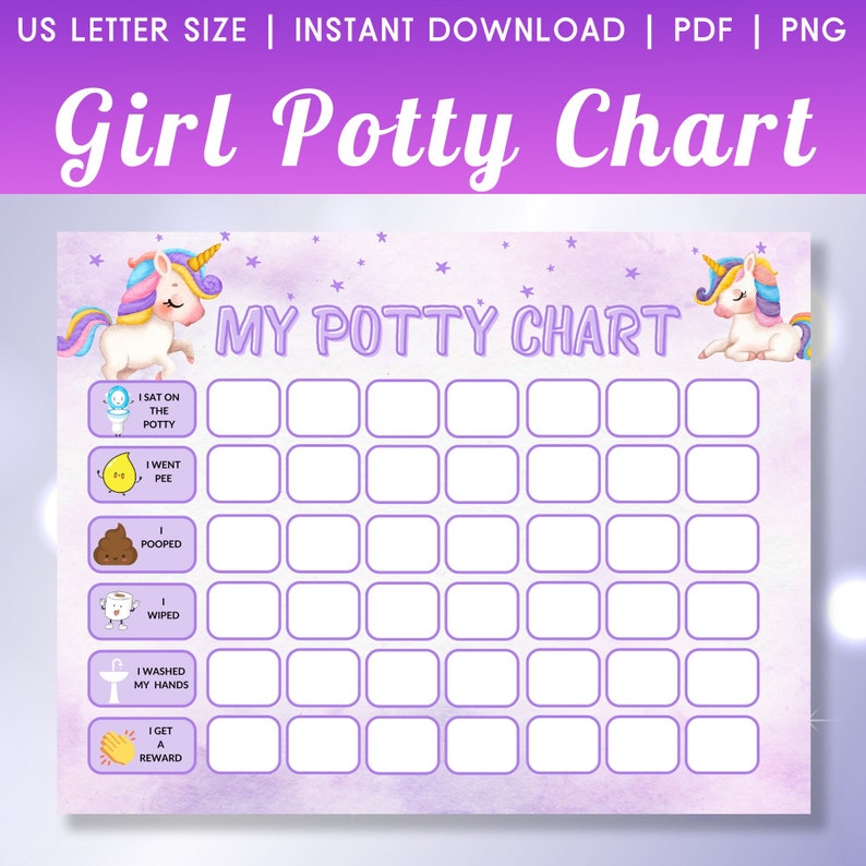 May include: A printable potty training chart featuring a unicorn with a rainbow mane and tail. The chart has a purple background with white stars and includes a checklist of potty training milestones with cute illustrations.